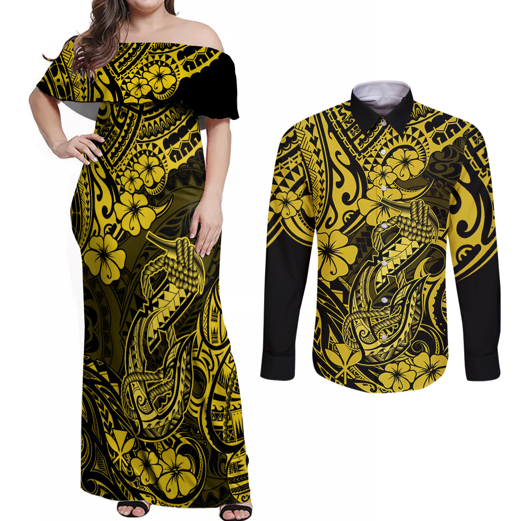 Hawaii Fish Hook Couples Matching Off Shoulder Maxi Dress and Long Sleeve Button Shirts Hibiscus Hawaii Tribal Tattoo Yellow Version - Wonder Print Shop