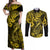 Hawaii Fish Hook Couples Matching Off Shoulder Maxi Dress and Long Sleeve Button Shirts Hibiscus Hawaii Tribal Tattoo Yellow Version - Wonder Print Shop