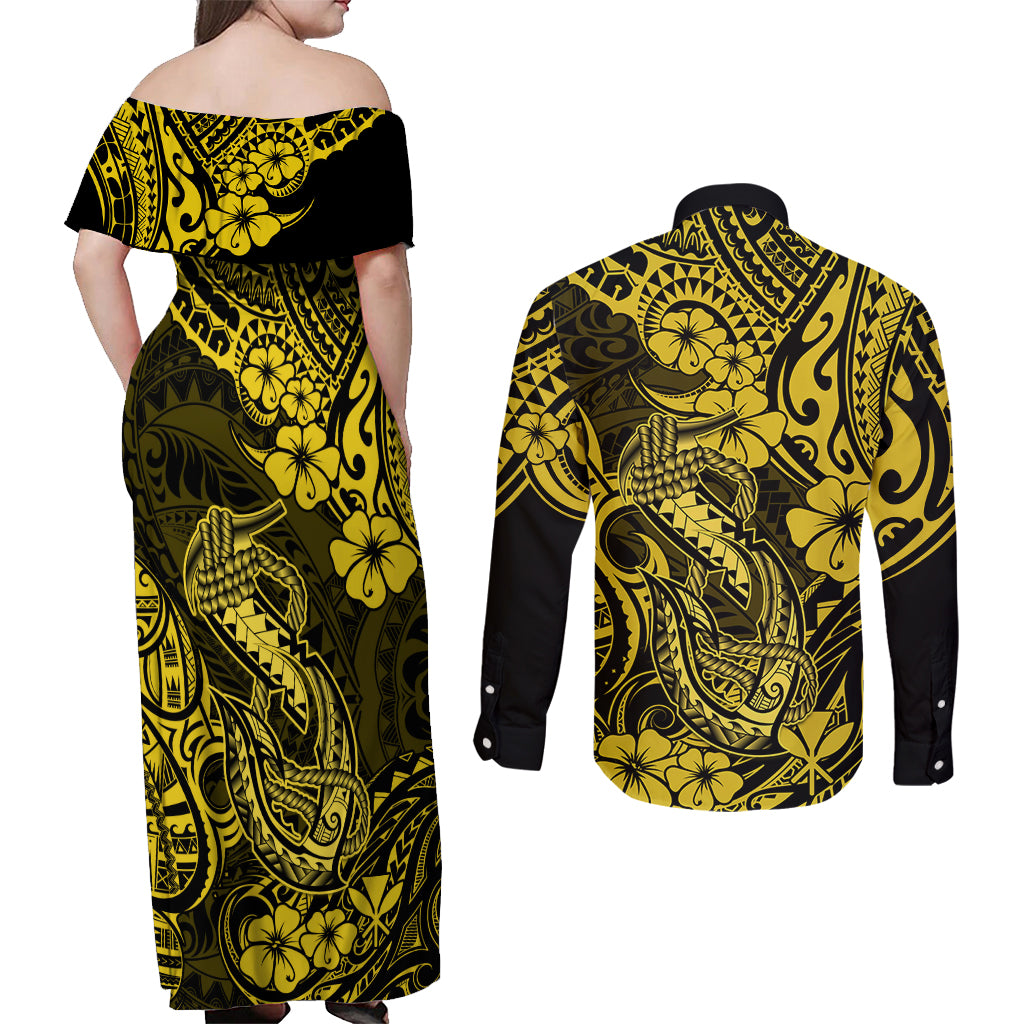 Hawaii Fish Hook Couples Matching Off Shoulder Maxi Dress and Long Sleeve Button Shirts Hibiscus Hawaii Tribal Tattoo Yellow Version - Wonder Print Shop