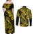 Hawaii Fish Hook Couples Matching Off Shoulder Maxi Dress and Long Sleeve Button Shirts Hibiscus Hawaii Tribal Tattoo Yellow Version - Wonder Print Shop