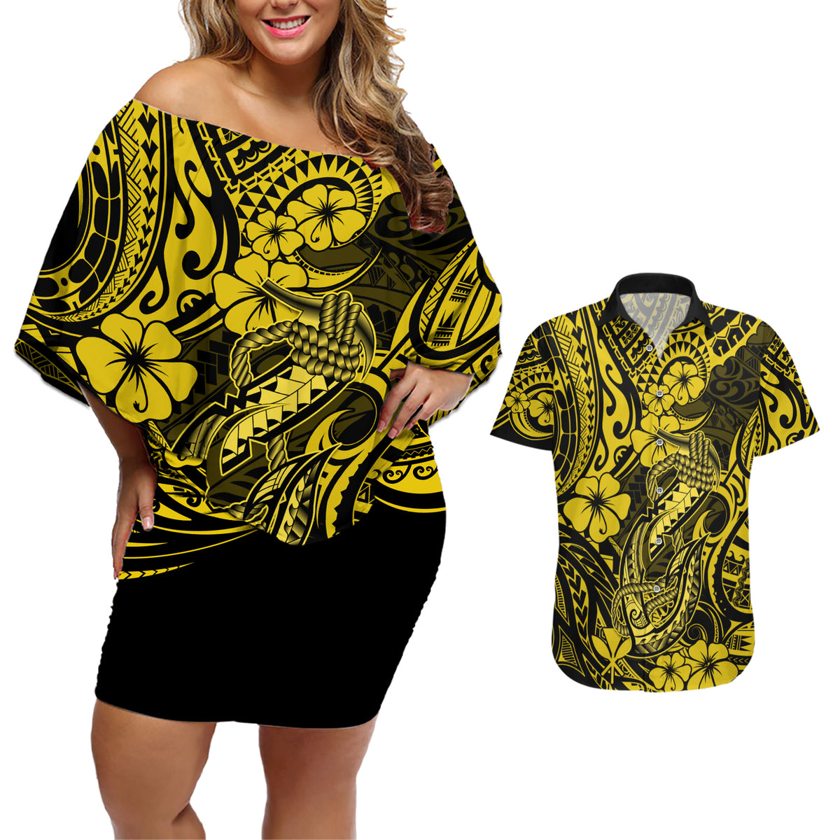 Hawaii Fish Hook Couples Matching Off Shoulder Short Dress and Hawaiian Shirt Hibiscus Hawaii Tribal Tattoo Yellow Version - Wonder Print Shop
