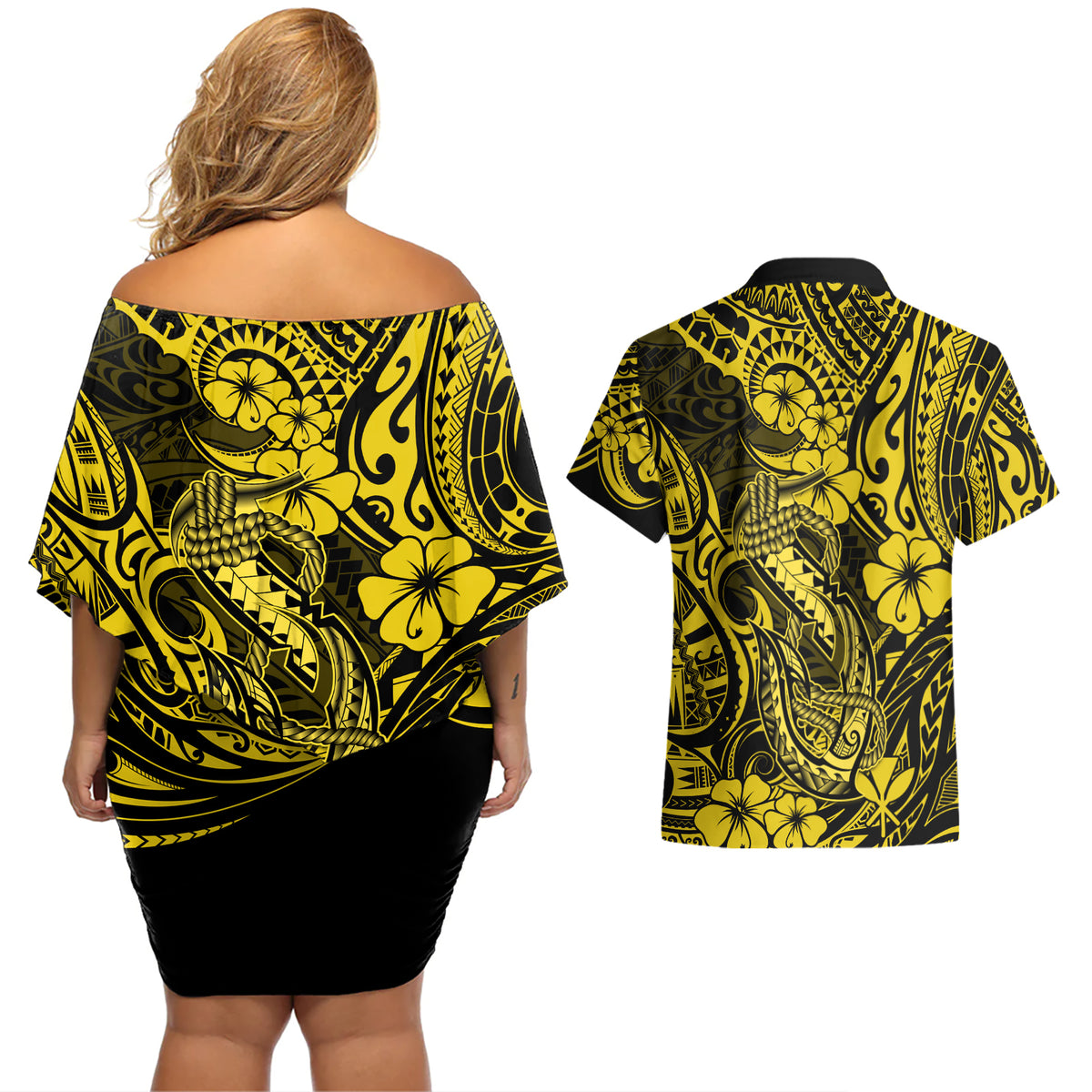 Hawaii Fish Hook Couples Matching Off Shoulder Short Dress and Hawaiian Shirt Hibiscus Hawaii Tribal Tattoo Yellow Version - Wonder Print Shop