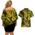 Hawaii Fish Hook Couples Matching Off Shoulder Short Dress and Hawaiian Shirt Hibiscus Hawaii Tribal Tattoo Yellow Version - Wonder Print Shop
