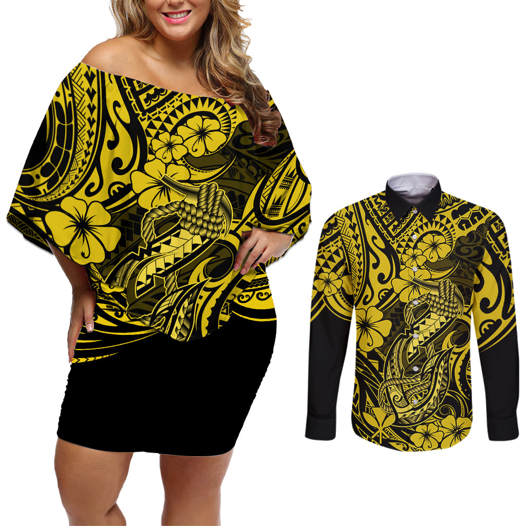 Hawaii Fish Hook Couples Matching Off Shoulder Short Dress and Long Sleeve Button Shirts Hibiscus Hawaii Tribal Tattoo Yellow Version - Wonder Print Shop