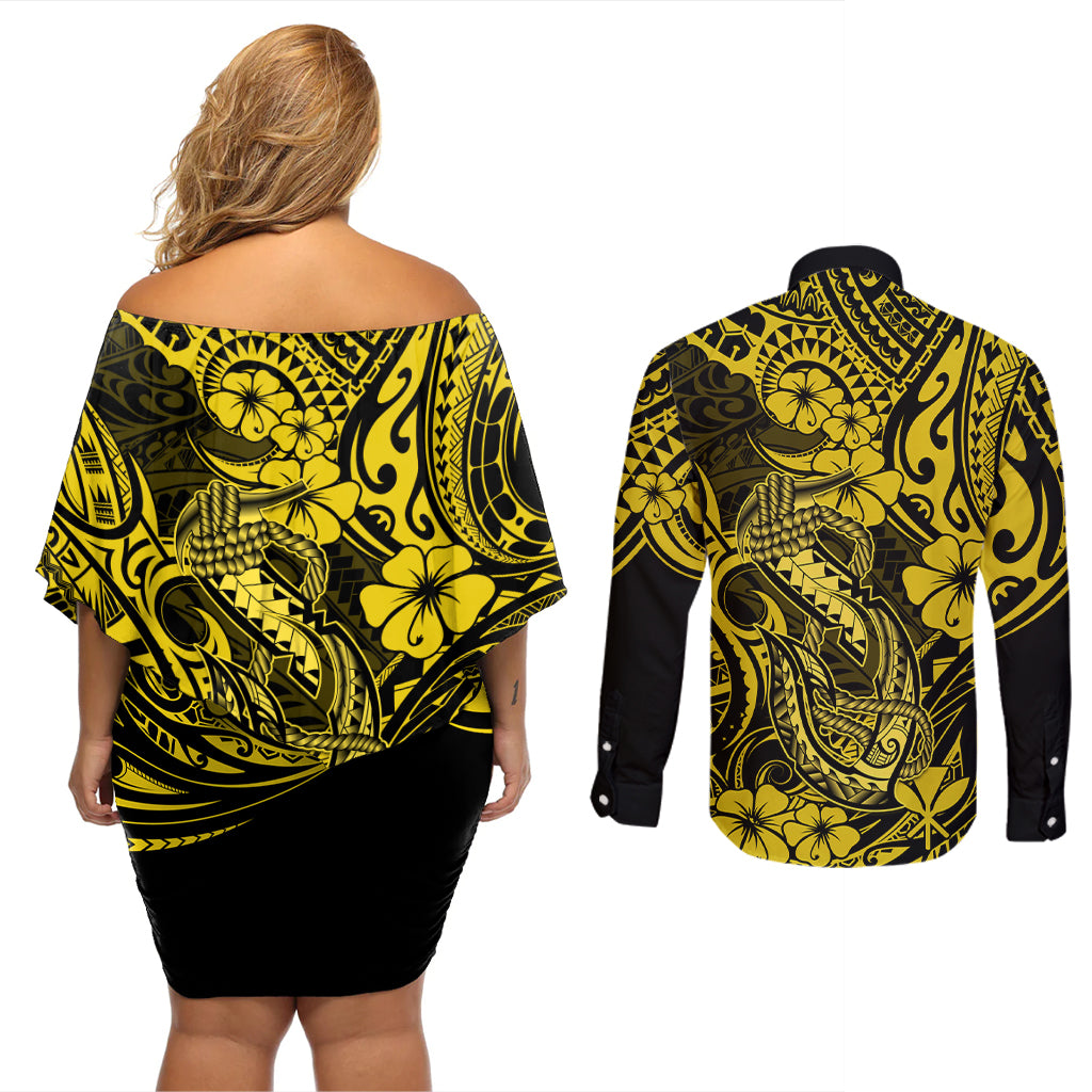 Hawaii Fish Hook Couples Matching Off Shoulder Short Dress and Long Sleeve Button Shirts Hibiscus Hawaii Tribal Tattoo Yellow Version - Wonder Print Shop
