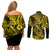 Hawaii Fish Hook Couples Matching Off Shoulder Short Dress and Long Sleeve Button Shirts Hibiscus Hawaii Tribal Tattoo Yellow Version - Wonder Print Shop