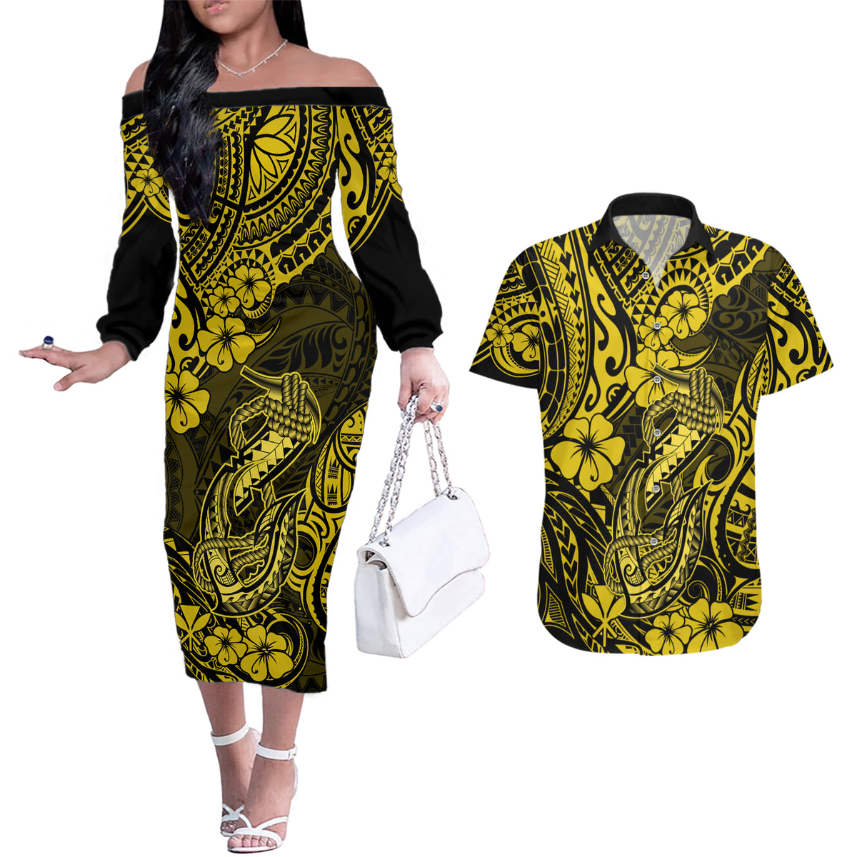 Hawaii Fish Hook Couples Matching Off The Shoulder Long Sleeve Dress and Hawaiian Shirt Hibiscus Hawaii Tribal Tattoo Yellow Version - Wonder Print Shop