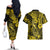 Hawaii Fish Hook Couples Matching Off The Shoulder Long Sleeve Dress and Hawaiian Shirt Hibiscus Hawaii Tribal Tattoo Yellow Version - Wonder Print Shop