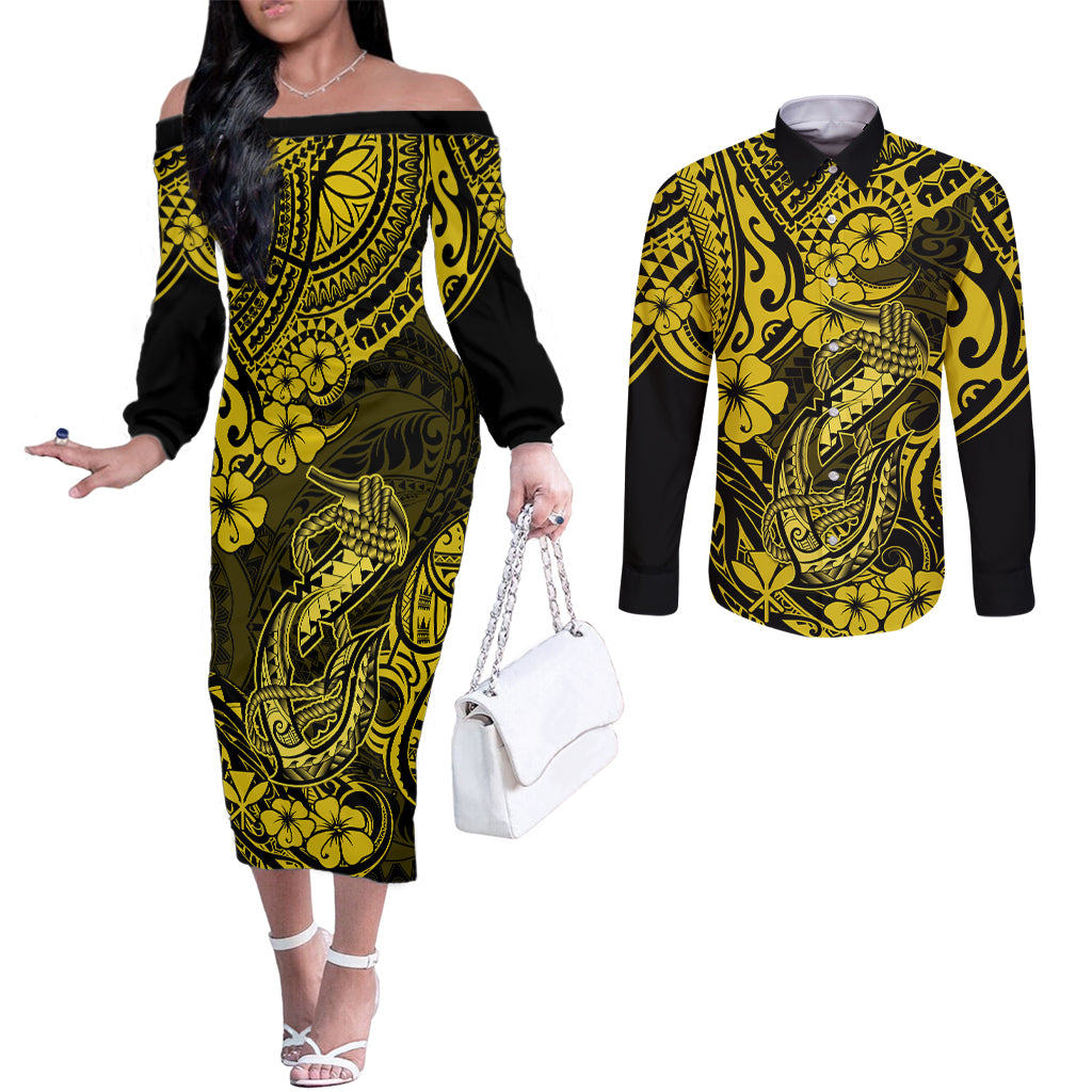 hawaii-fish-hook-couples-matching-off-the-shoulder-long-sleeve-dress-and-long-sleeve-button-shirts-hibiscus-hawaii-tribal-tattoo-yellow-version