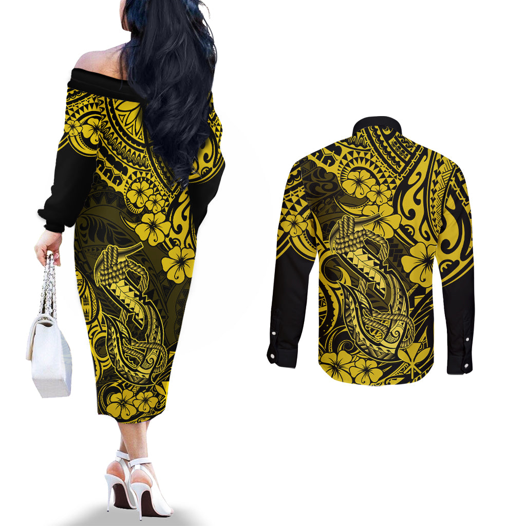 hawaii-fish-hook-couples-matching-off-the-shoulder-long-sleeve-dress-and-long-sleeve-button-shirts-hibiscus-hawaii-tribal-tattoo-yellow-version