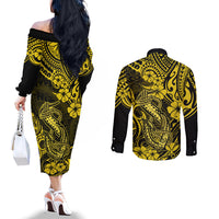 hawaii-fish-hook-couples-matching-off-the-shoulder-long-sleeve-dress-and-long-sleeve-button-shirts-hibiscus-hawaii-tribal-tattoo-yellow-version