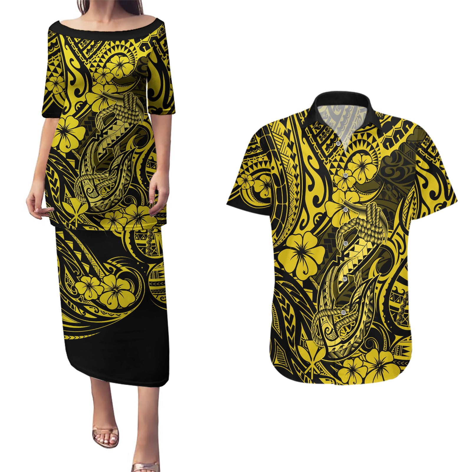 Hawaii Fish Hook Couples Matching Puletasi Dress and Hawaiian Shirt Hibiscus Hawaii Tribal Tattoo Yellow Version - Wonder Print Shop