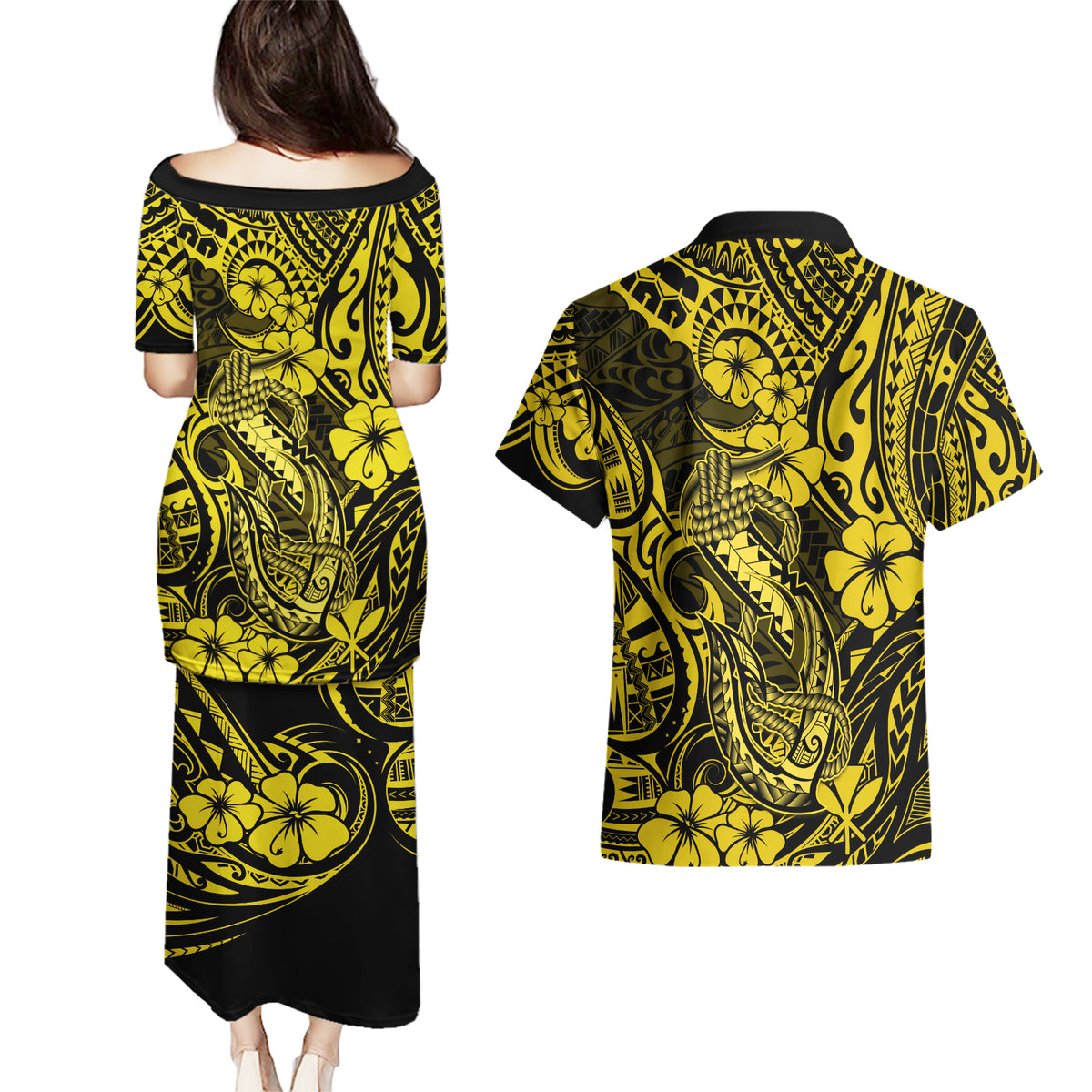 Hawaii Fish Hook Couples Matching Puletasi Dress and Hawaiian Shirt Hibiscus Hawaii Tribal Tattoo Yellow Version - Wonder Print Shop