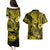 Hawaii Fish Hook Couples Matching Puletasi Dress and Hawaiian Shirt Hibiscus Hawaii Tribal Tattoo Yellow Version - Wonder Print Shop