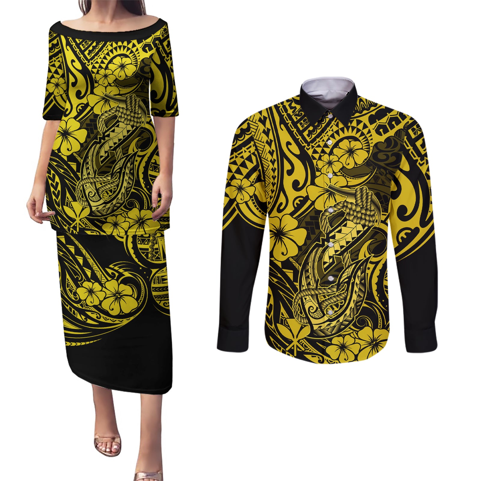 Hawaii Fish Hook Couples Matching Puletasi Dress and Long Sleeve Button Shirts Hibiscus Hawaii Tribal Tattoo Yellow Version - Wonder Print Shop