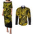 Hawaii Fish Hook Couples Matching Puletasi Dress and Long Sleeve Button Shirts Hibiscus Hawaii Tribal Tattoo Yellow Version - Wonder Print Shop