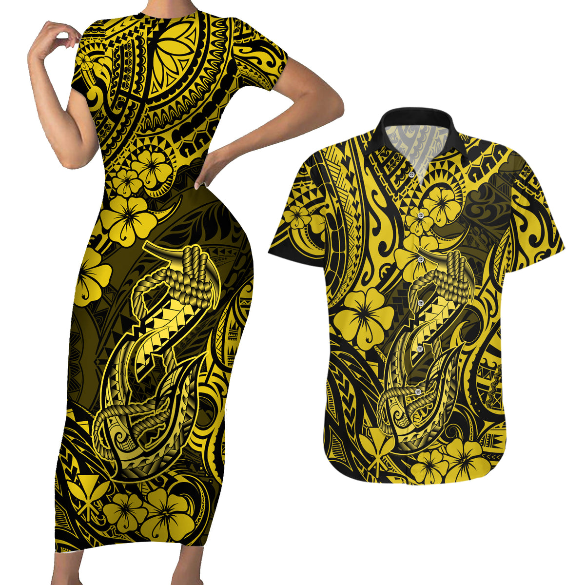 Hawaii Fish Hook Couples Matching Short Sleeve Bodycon Dress and Hawaiian Shirt Hibiscus Hawaii Tribal Tattoo Yellow Version - Wonder Print Shop