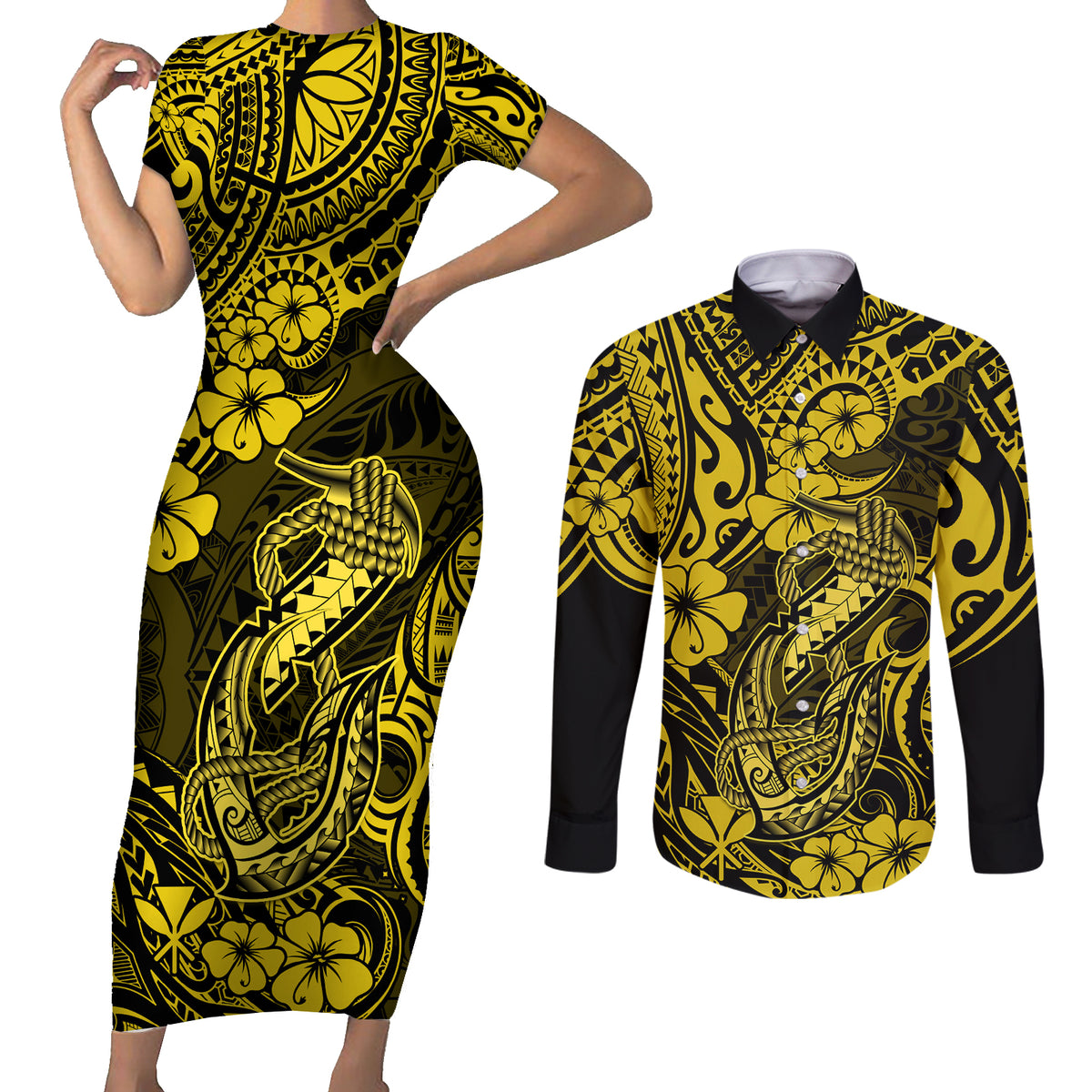 Hawaii Fish Hook Couples Matching Short Sleeve Bodycon Dress and Long Sleeve Button Shirts Hibiscus Hawaii Tribal Tattoo Yellow Version - Wonder Print Shop