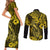 Hawaii Fish Hook Couples Matching Short Sleeve Bodycon Dress and Long Sleeve Button Shirts Hibiscus Hawaii Tribal Tattoo Yellow Version - Wonder Print Shop