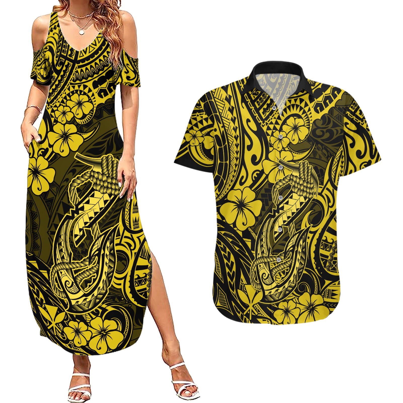 Hawaii Fish Hook Couples Matching Summer Maxi Dress and Hawaiian Shirt Hibiscus Hawaii Tribal Tattoo Yellow Version - Wonder Print Shop