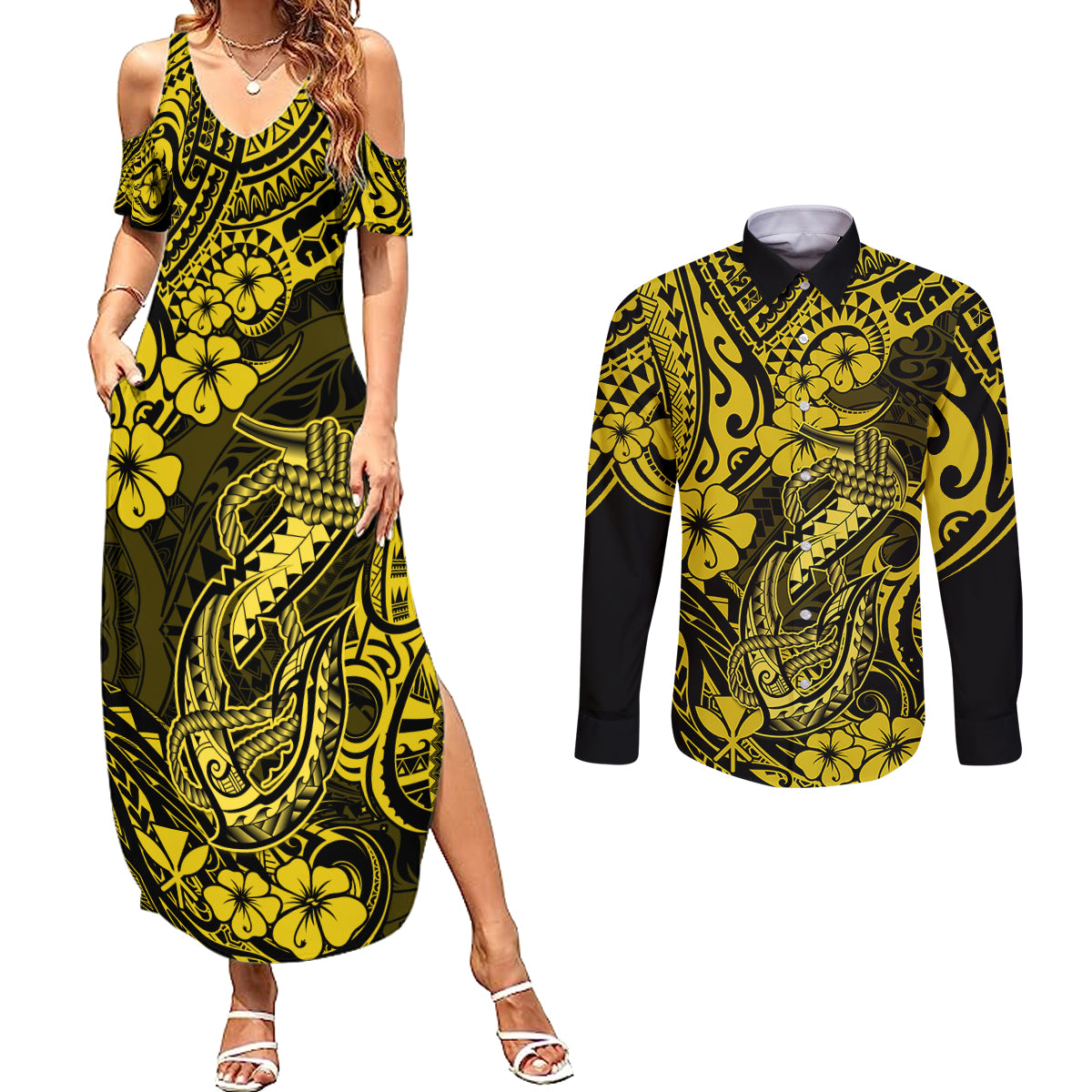 Hawaii Fish Hook Couples Matching Summer Maxi Dress and Long Sleeve Button Shirts Hibiscus Hawaii Tribal Tattoo Yellow Version - Wonder Print Shop