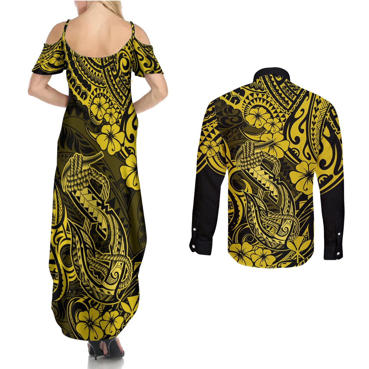 Hawaii Fish Hook Couples Matching Summer Maxi Dress and Long Sleeve Button Shirts Hibiscus Hawaii Tribal Tattoo Yellow Version - Wonder Print Shop