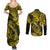 Hawaii Fish Hook Couples Matching Summer Maxi Dress and Long Sleeve Button Shirts Hibiscus Hawaii Tribal Tattoo Yellow Version - Wonder Print Shop