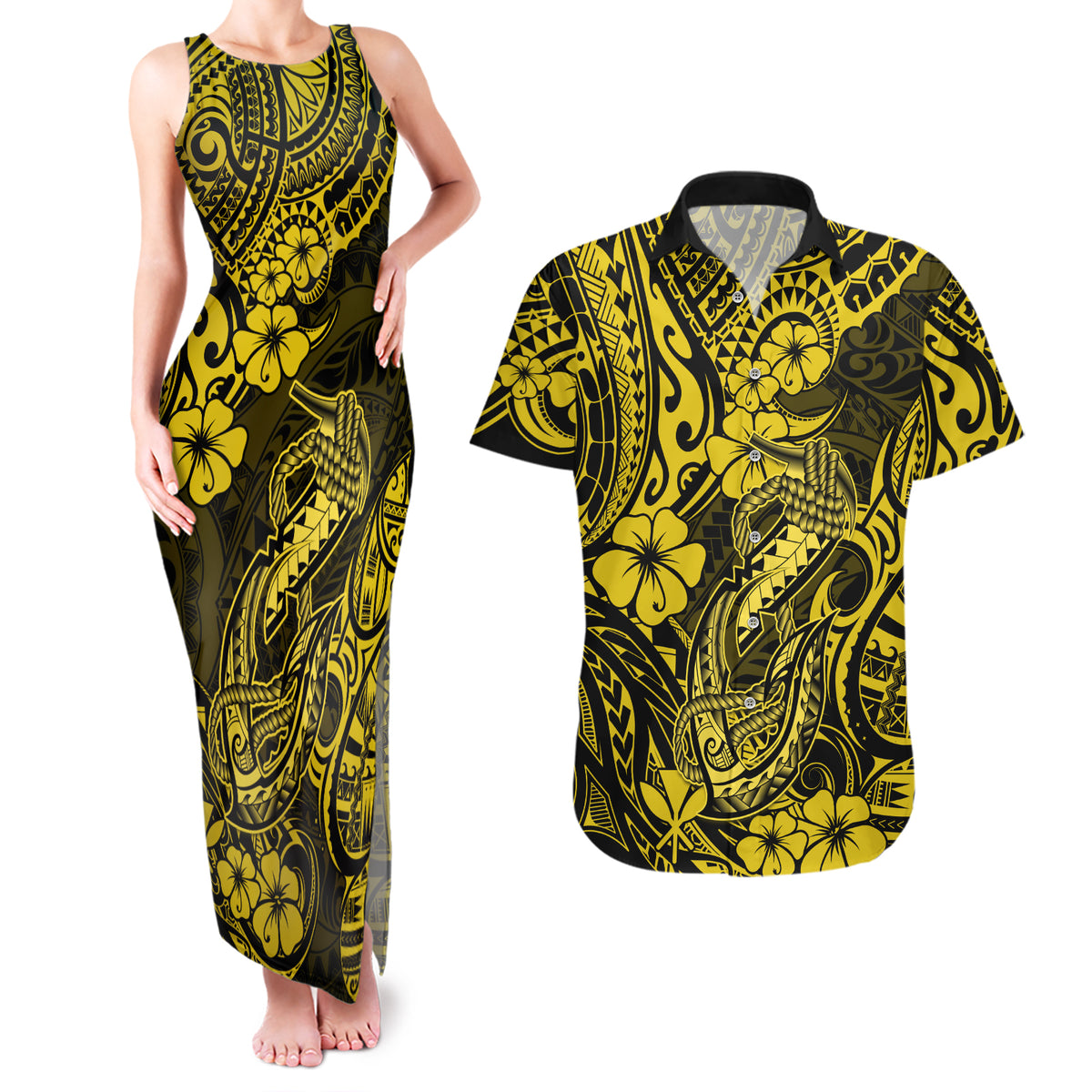 Hawaii Fish Hook Couples Matching Tank Maxi Dress and Hawaiian Shirt Hibiscus Hawaii Tribal Tattoo Yellow Version - Wonder Print Shop