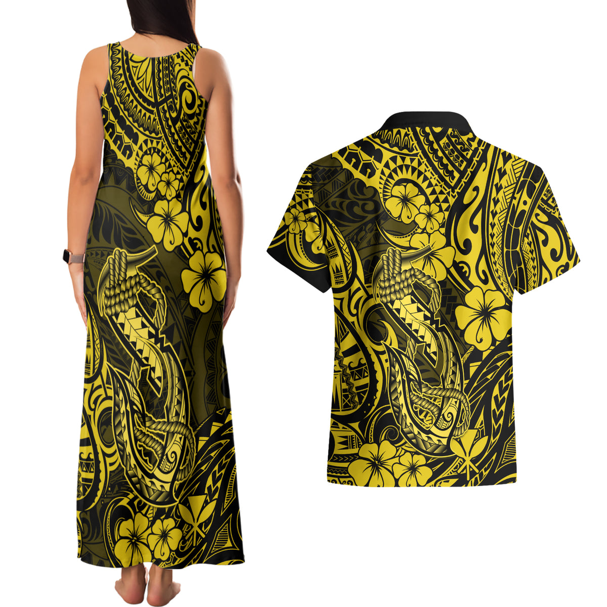 Hawaii Fish Hook Couples Matching Tank Maxi Dress and Hawaiian Shirt Hibiscus Hawaii Tribal Tattoo Yellow Version - Wonder Print Shop