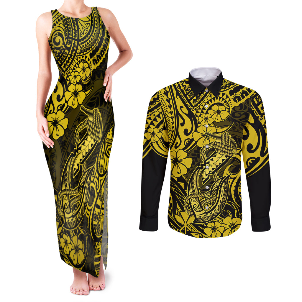 Hawaii Fish Hook Couples Matching Tank Maxi Dress and Long Sleeve Button Shirts Hibiscus Hawaii Tribal Tattoo Yellow Version - Wonder Print Shop