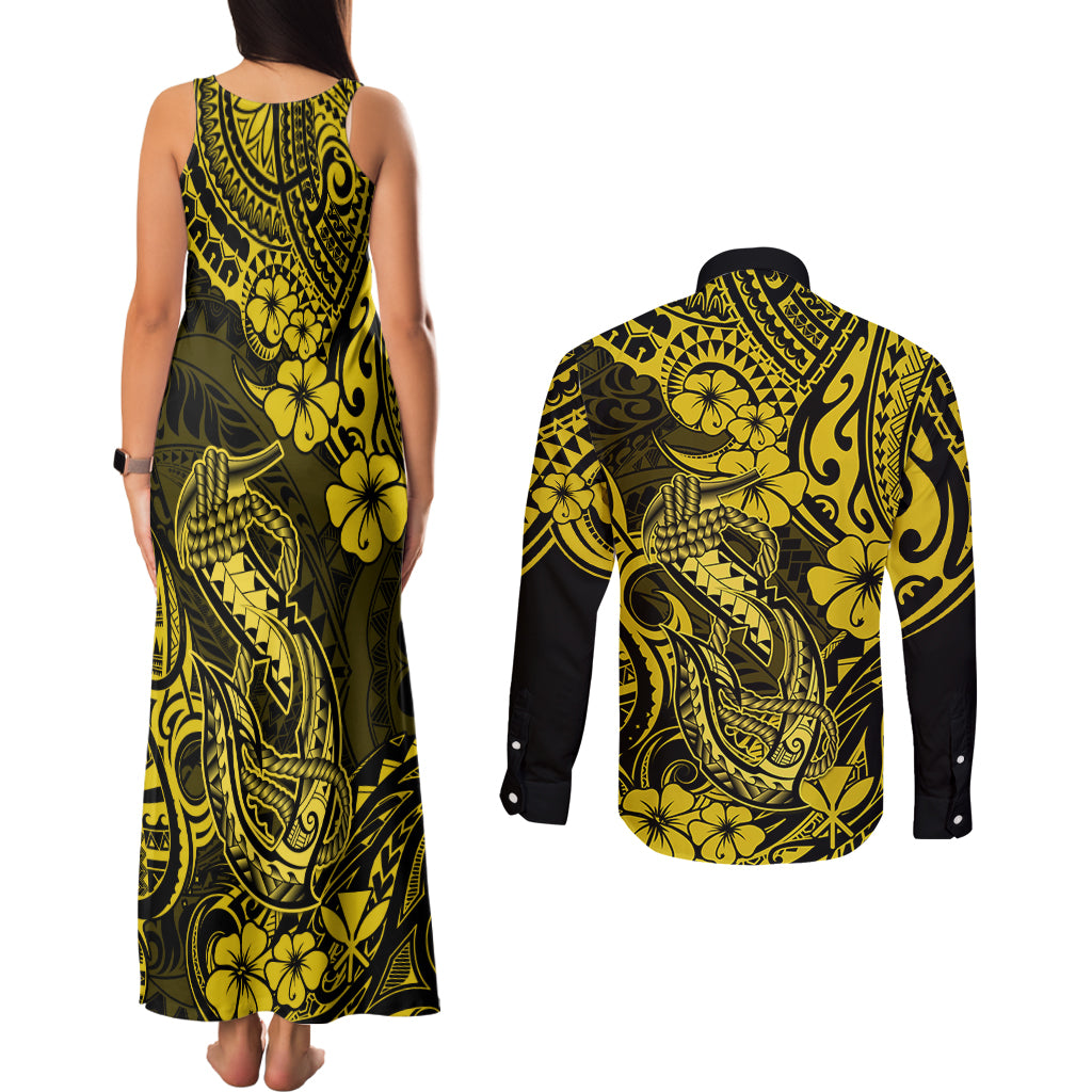 Hawaii Fish Hook Couples Matching Tank Maxi Dress and Long Sleeve Button Shirts Hibiscus Hawaii Tribal Tattoo Yellow Version - Wonder Print Shop
