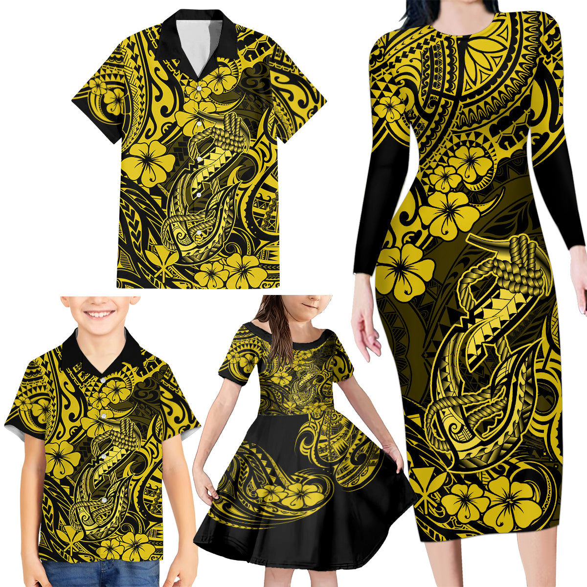 Hawaii Fish Hook Family Matching Long Sleeve Bodycon Dress and Hawaiian Shirt Hibiscus Hawaii Tribal Tattoo Yellow Version - Wonder Print Shop