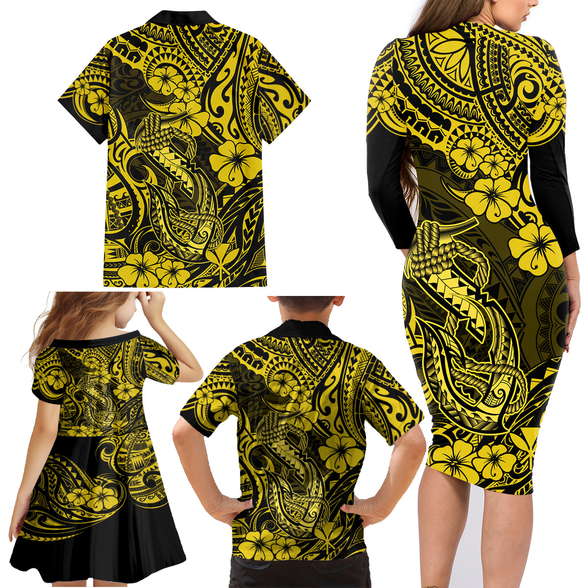 Hawaii Fish Hook Family Matching Long Sleeve Bodycon Dress and Hawaiian Shirt Hibiscus Hawaii Tribal Tattoo Yellow Version - Wonder Print Shop