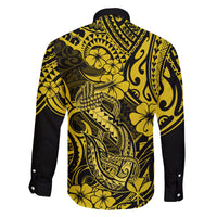 Hawaii Fish Hook Family Matching Long Sleeve Bodycon Dress and Hawaiian Shirt Hibiscus Hawaii Tribal Tattoo Yellow Version - Wonder Print Shop