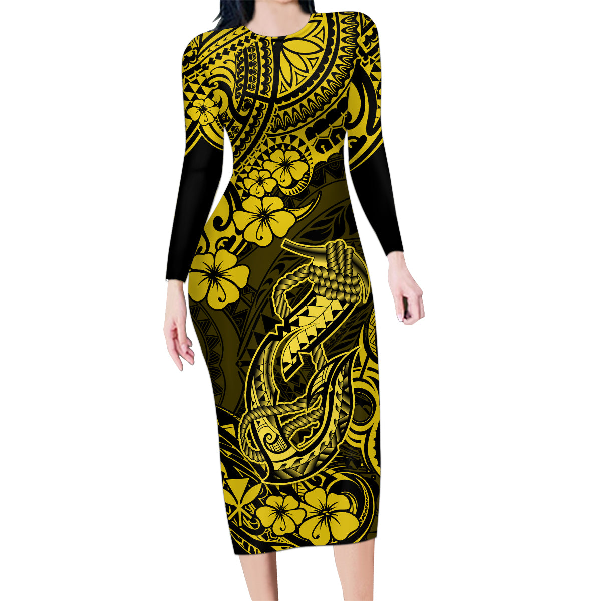 Hawaii Fish Hook Family Matching Long Sleeve Bodycon Dress and Hawaiian Shirt Hibiscus Hawaii Tribal Tattoo Yellow Version - Wonder Print Shop