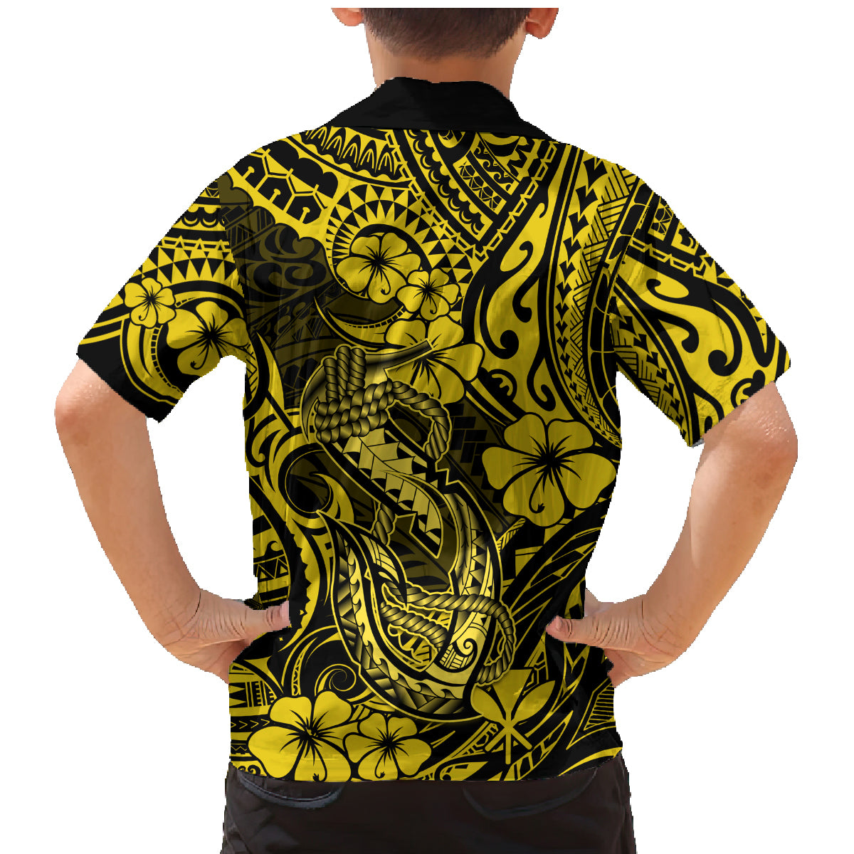 Hawaii Fish Hook Family Matching Mermaid Dress and Hawaiian Shirt Hibiscus Hawaii Tribal Tattoo Yellow Version - Wonder Print Shop