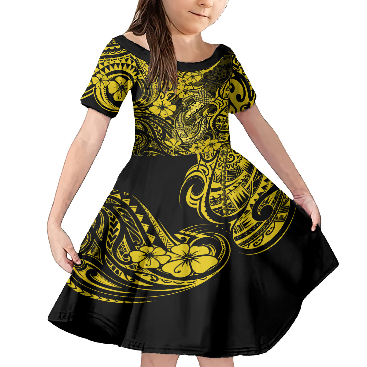 Hawaii Fish Hook Family Matching Mermaid Dress and Hawaiian Shirt Hibiscus Hawaii Tribal Tattoo Yellow Version - Wonder Print Shop