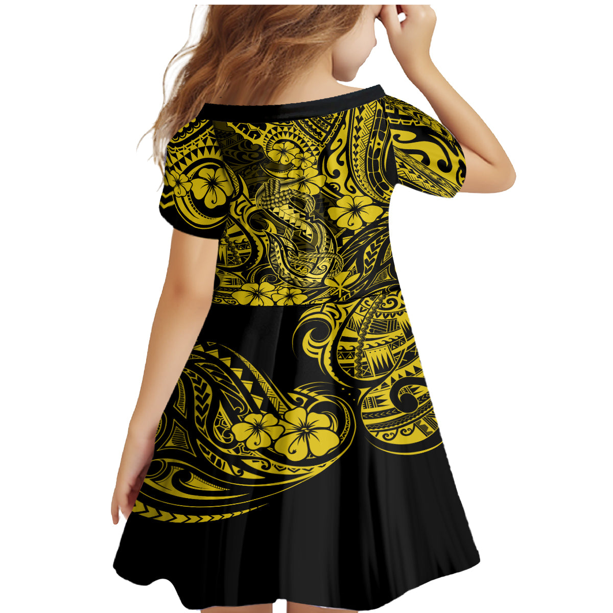 Hawaii Fish Hook Family Matching Mermaid Dress and Hawaiian Shirt Hibiscus Hawaii Tribal Tattoo Yellow Version - Wonder Print Shop