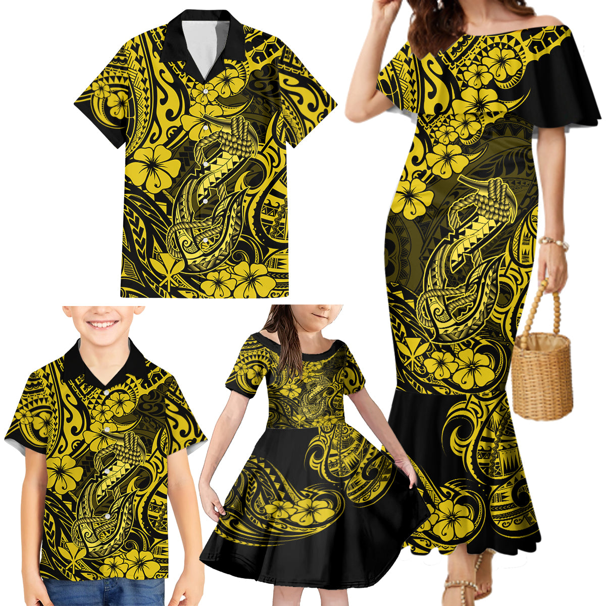 Hawaii Fish Hook Family Matching Mermaid Dress and Hawaiian Shirt Hibiscus Hawaii Tribal Tattoo Yellow Version - Wonder Print Shop