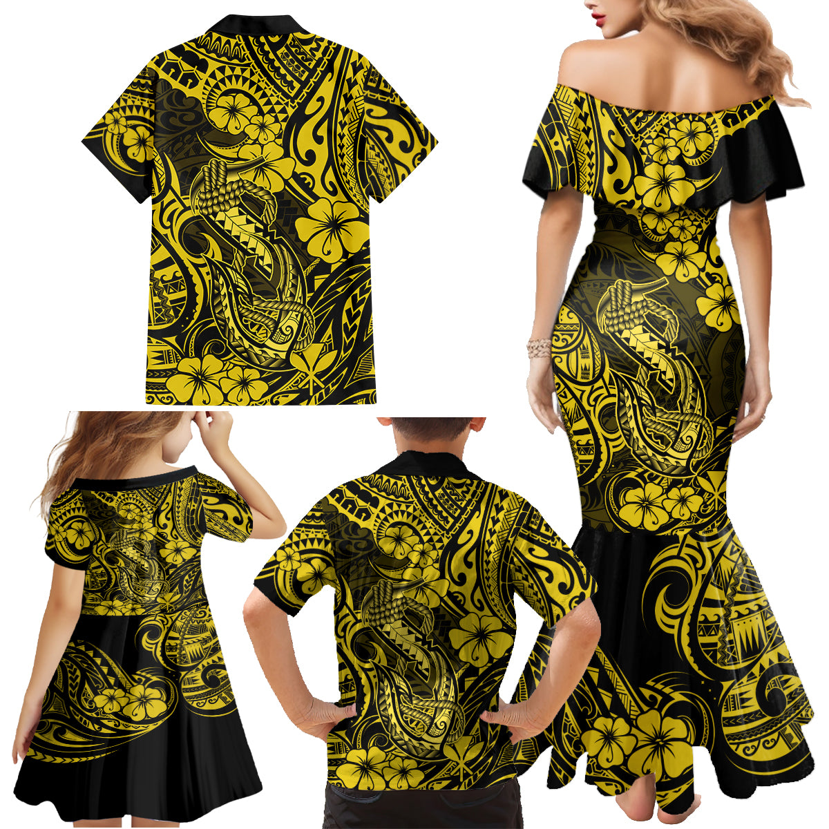 Hawaii Fish Hook Family Matching Mermaid Dress and Hawaiian Shirt Hibiscus Hawaii Tribal Tattoo Yellow Version - Wonder Print Shop