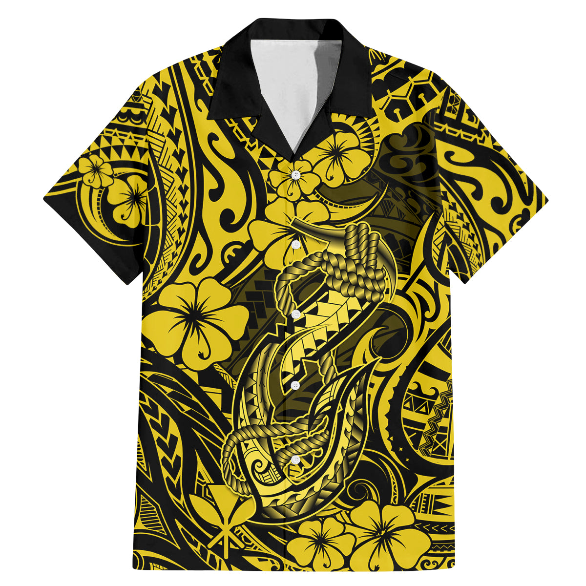Hawaii Fish Hook Family Matching Mermaid Dress and Hawaiian Shirt Hibiscus Hawaii Tribal Tattoo Yellow Version - Wonder Print Shop