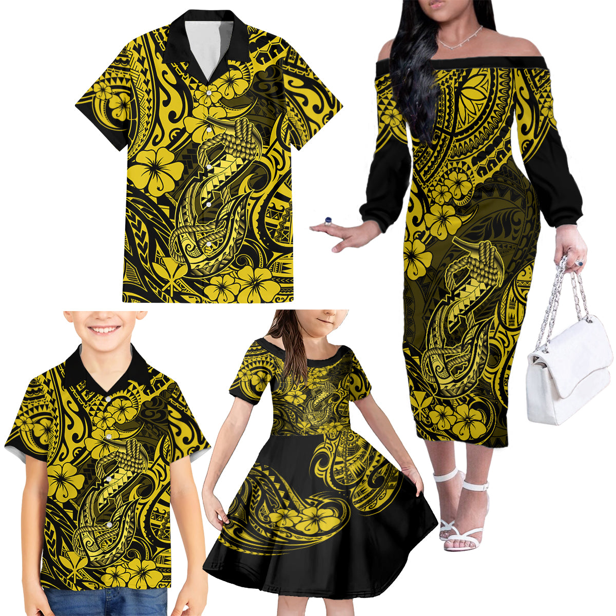 Hawaii Fish Hook Family Matching Off Shoulder Long Sleeve Dress and Hawaiian Shirt Hibiscus Hawaii Tribal Tattoo Yellow Version - Wonder Print Shop