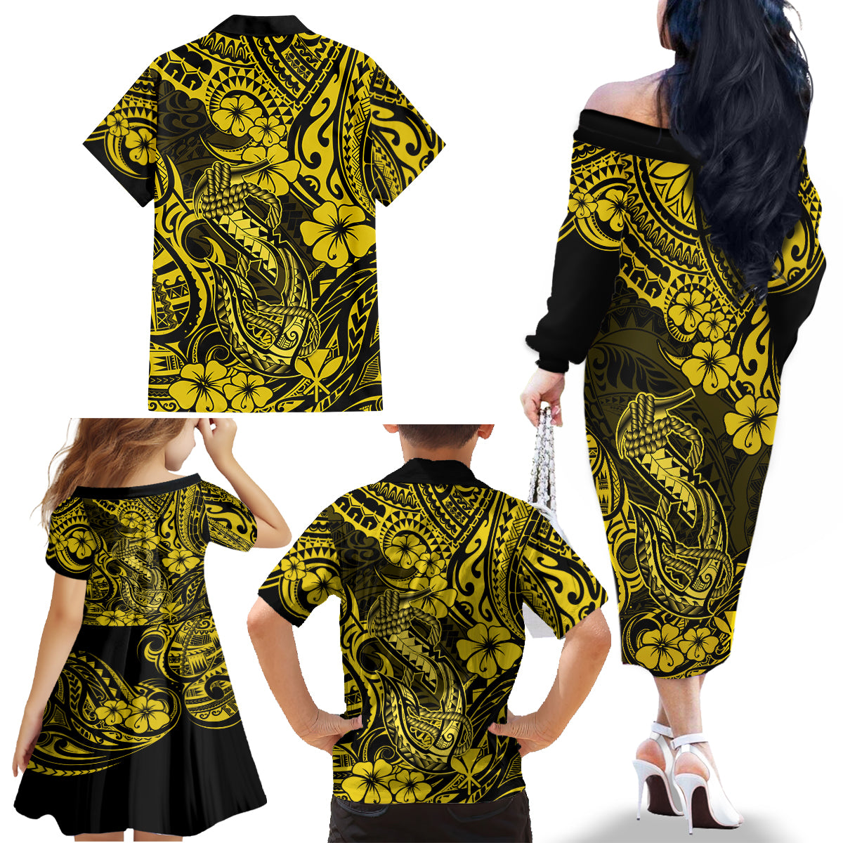Hawaii Fish Hook Family Matching Off Shoulder Long Sleeve Dress and Hawaiian Shirt Hibiscus Hawaii Tribal Tattoo Yellow Version - Wonder Print Shop