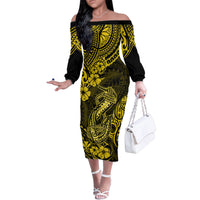 Hawaii Fish Hook Family Matching Off Shoulder Long Sleeve Dress and Hawaiian Shirt Hibiscus Hawaii Tribal Tattoo Yellow Version - Wonder Print Shop
