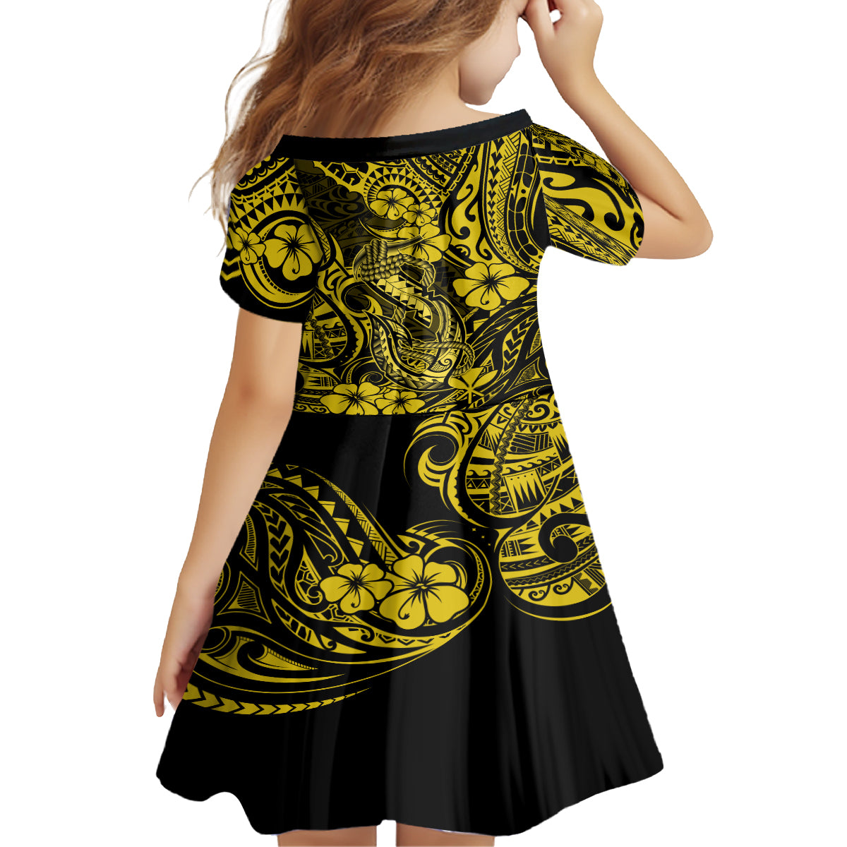 Hawaii Fish Hook Family Matching Off Shoulder Maxi Dress and Hawaiian Shirt Hibiscus Hawaii Tribal Tattoo Yellow Version - Wonder Print Shop