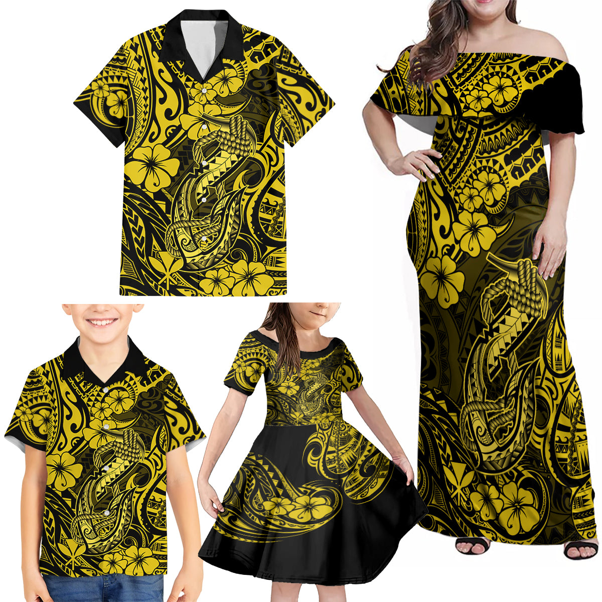 Hawaii Fish Hook Family Matching Off Shoulder Maxi Dress and Hawaiian Shirt Hibiscus Hawaii Tribal Tattoo Yellow Version - Wonder Print Shop