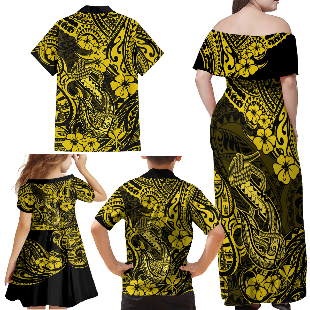 Hawaii Fish Hook Family Matching Off Shoulder Maxi Dress and Hawaiian Shirt Hibiscus Hawaii Tribal Tattoo Yellow Version - Wonder Print Shop