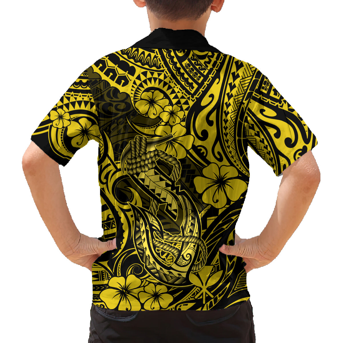 Hawaii Fish Hook Family Matching Off Shoulder Short Dress and Hawaiian Shirt Hibiscus Hawaii Tribal Tattoo Yellow Version - Wonder Print Shop