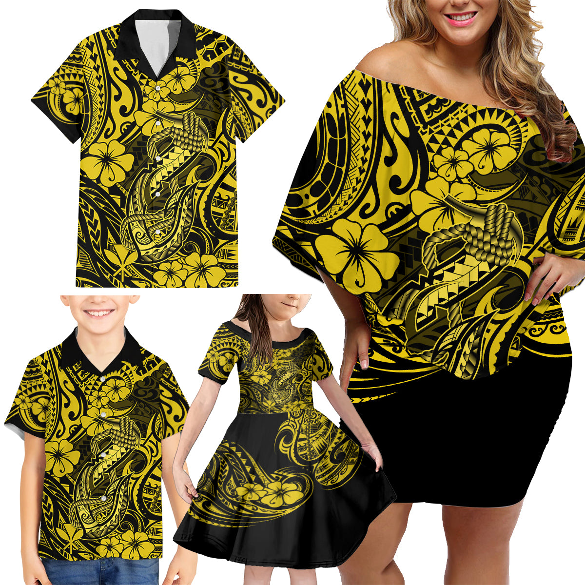 Hawaii Fish Hook Family Matching Off Shoulder Short Dress and Hawaiian Shirt Hibiscus Hawaii Tribal Tattoo Yellow Version - Wonder Print Shop