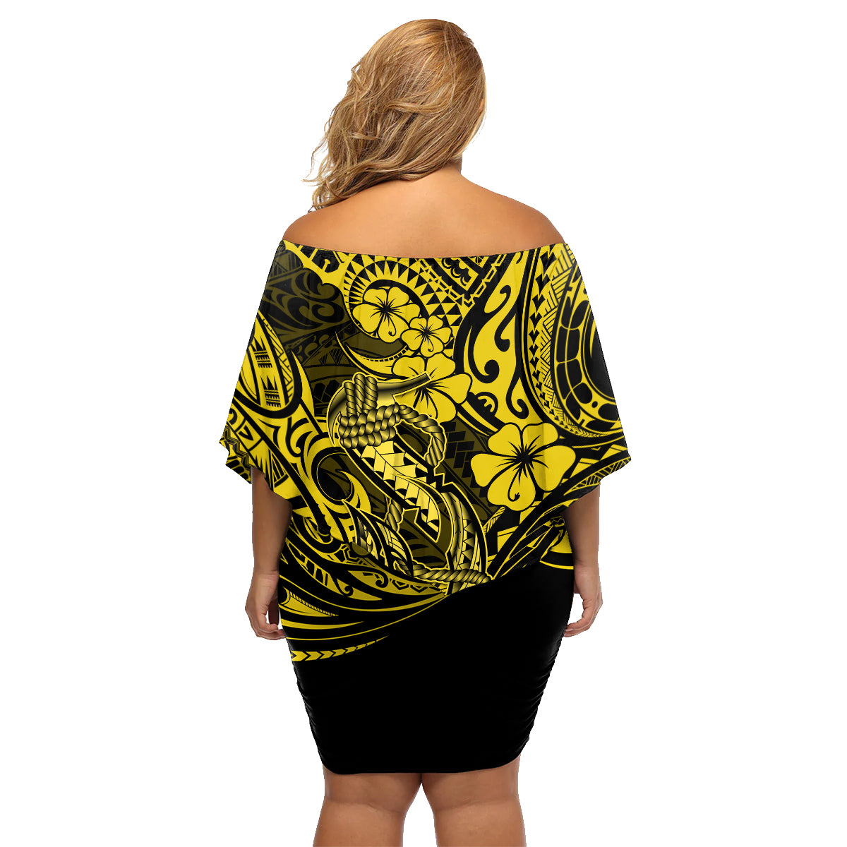 Hawaii Fish Hook Family Matching Off Shoulder Short Dress and Hawaiian Shirt Hibiscus Hawaii Tribal Tattoo Yellow Version - Wonder Print Shop